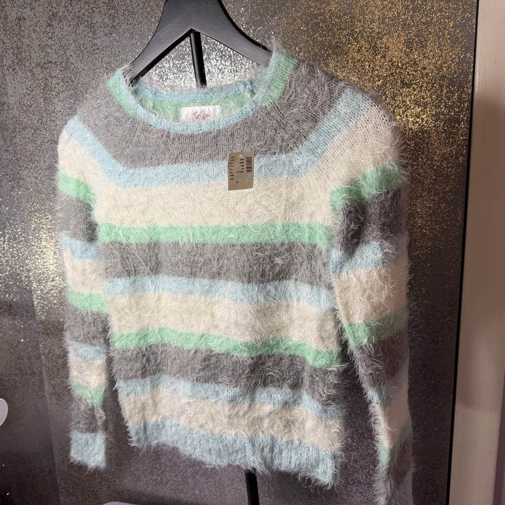 Justice Girls Size 10 NWT Shag Fuzzy Sweater Striped Green Blue Gray Pullover - Picture 4 of 7